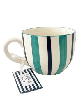 Luna & Sage Hand Painted Striped Ceramic Mug Teal Navy NWT